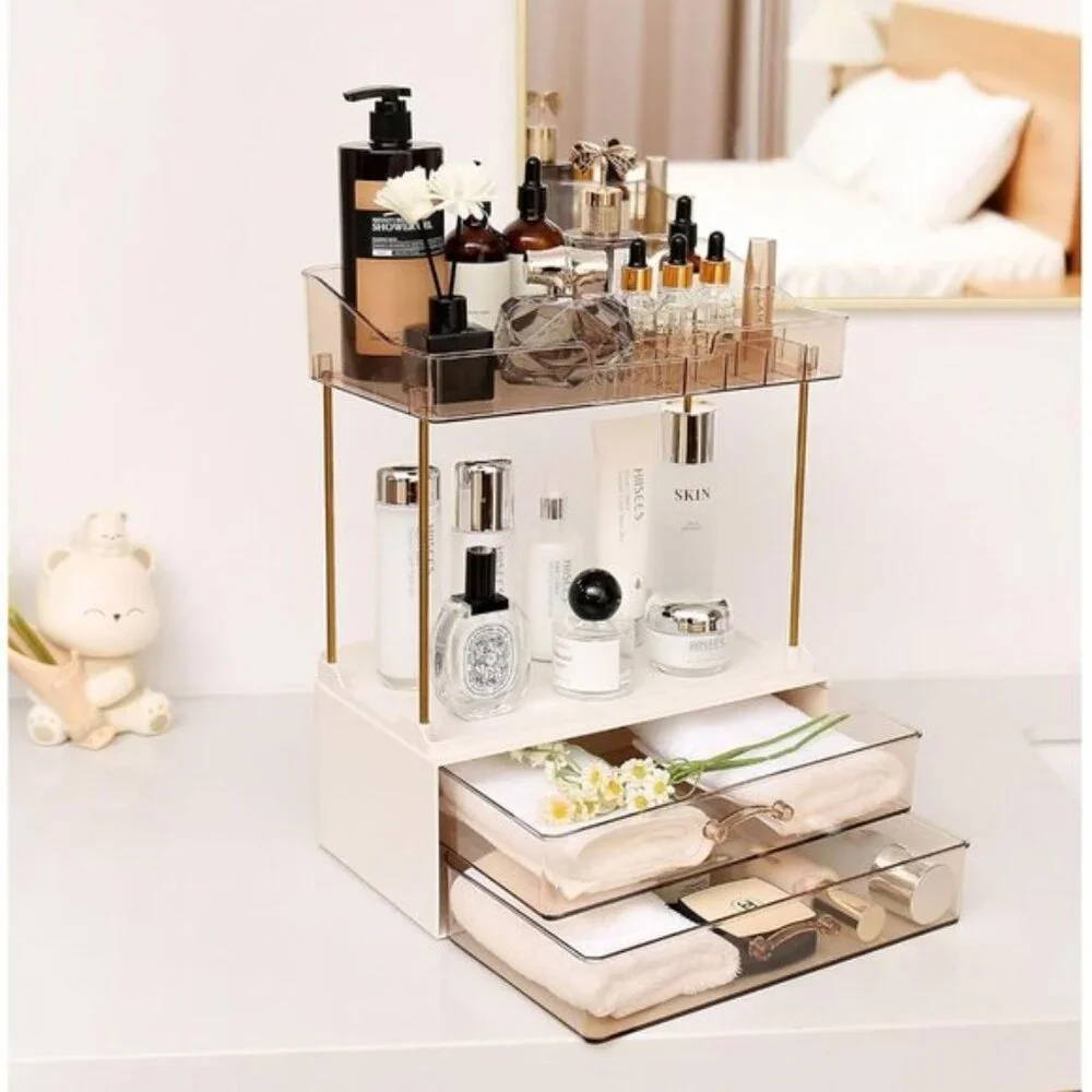 New Elegant 2-Tier Bathroom Organizer, Champagne Gold Makeup & Skincare Storage